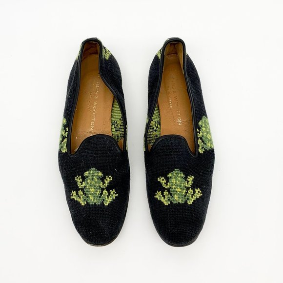 Stubbs & Wootton Shoes Stubbs Wooton Needlepoint Frog Flats Black